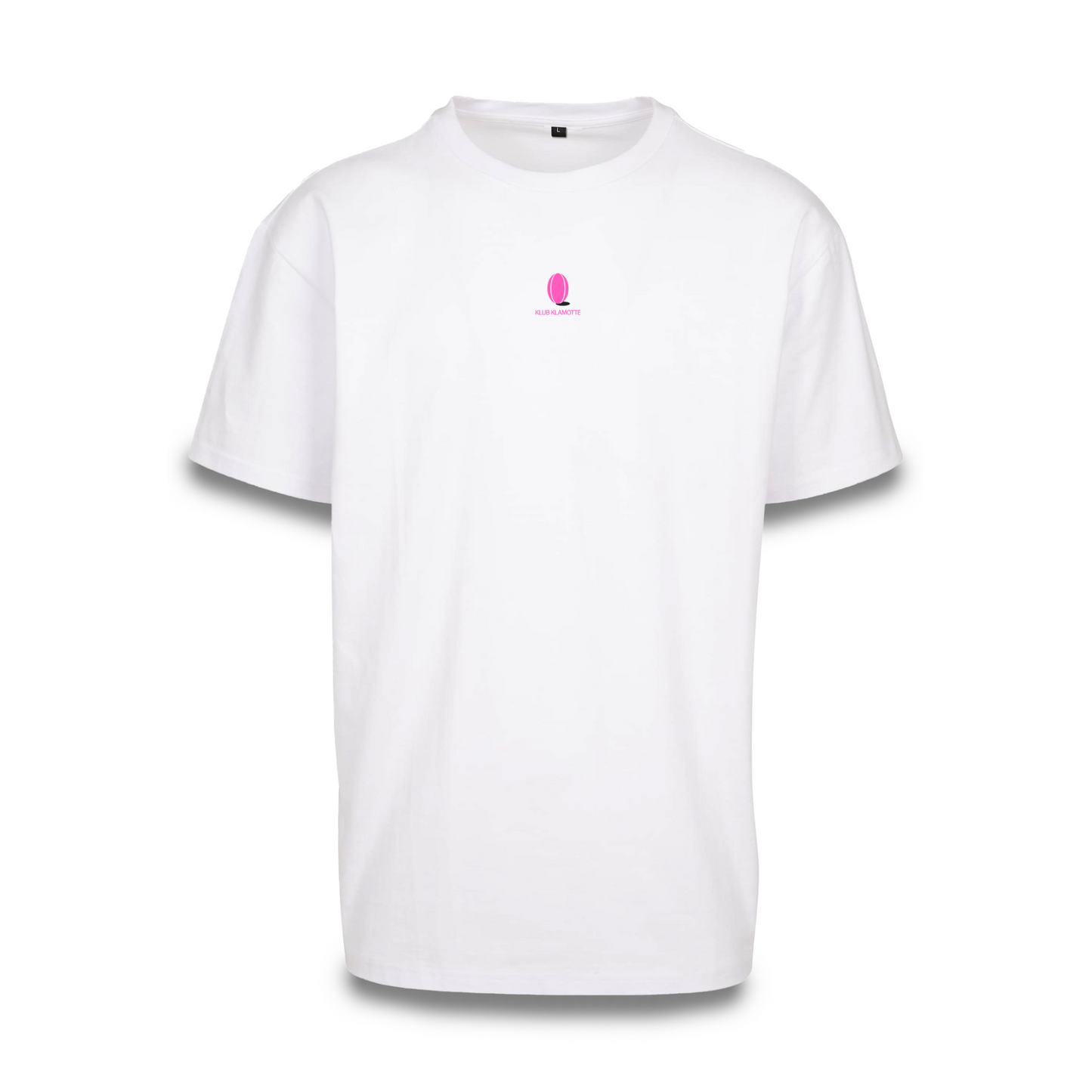 Mockup der Vorderansicht des weißen Klub Leo Tee mit pinkem Print