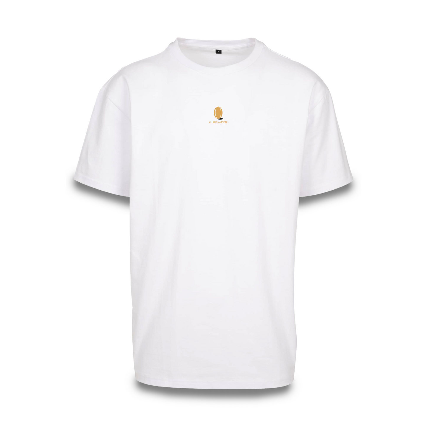 Mockup der Vorderansicht des weißen Klub Leo Tee mit sandfarbenem Print