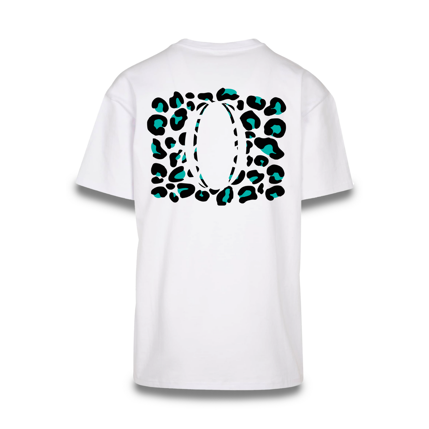 Mockup der Rückenansicht des weißen Klub Leo Tee mit türkisem Print