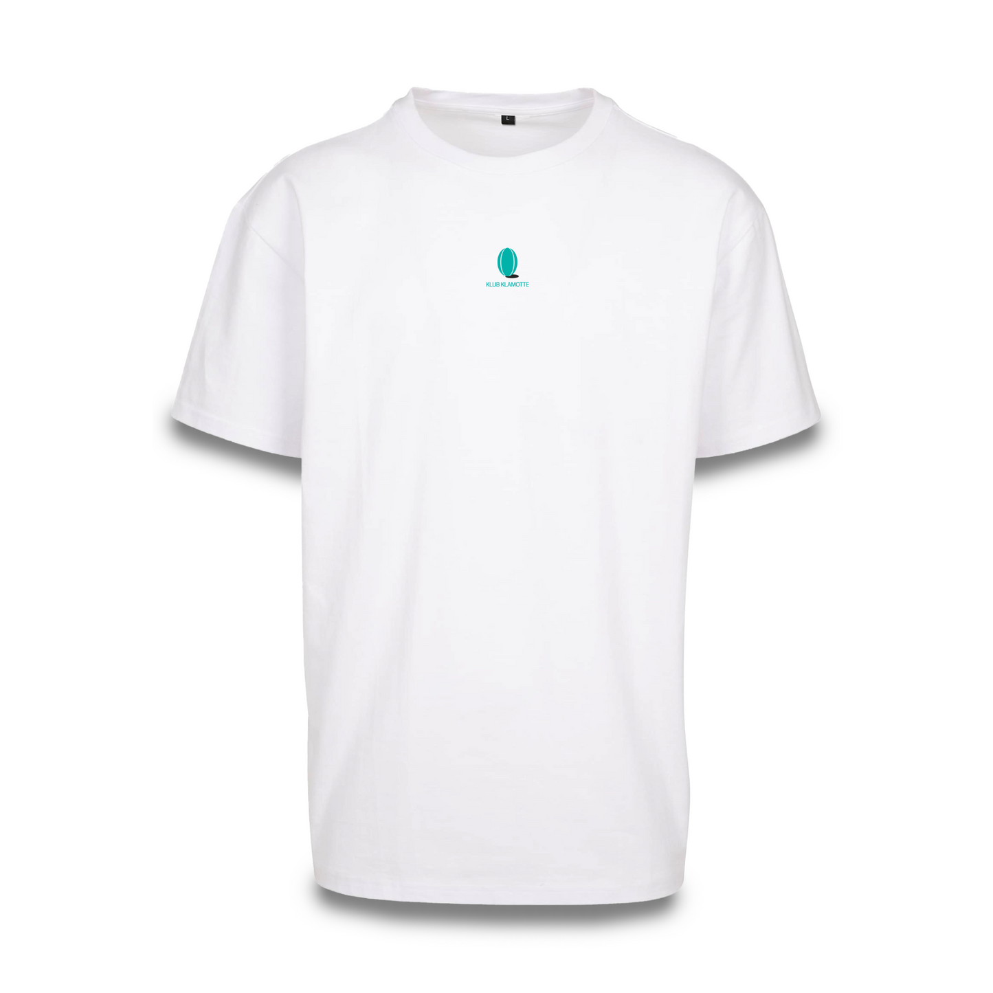 Mockup der Vorderansicht des weißen Klub Leo Tee mit türkisem Print