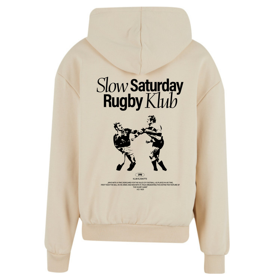 Mockup der Rückansicht des sandfarbenen Slow Sunday Rugby Klub Hoodies
