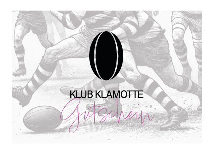 Bild von einer gezeichneten Rugbysituation mit em Klub Klamotte Logo und dem Wort Gutschein