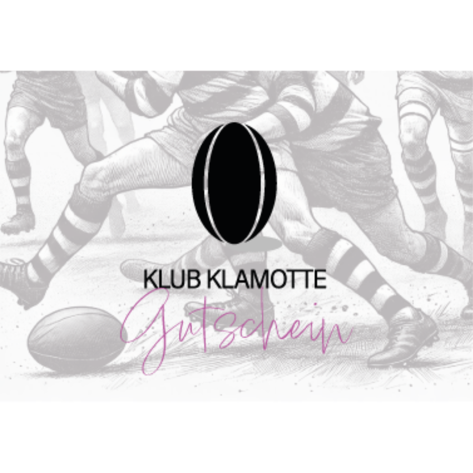 Bild von einer gezeichneten Rugbysituation mit dem Klub Klamotte Logo und dem Wort Gutschein