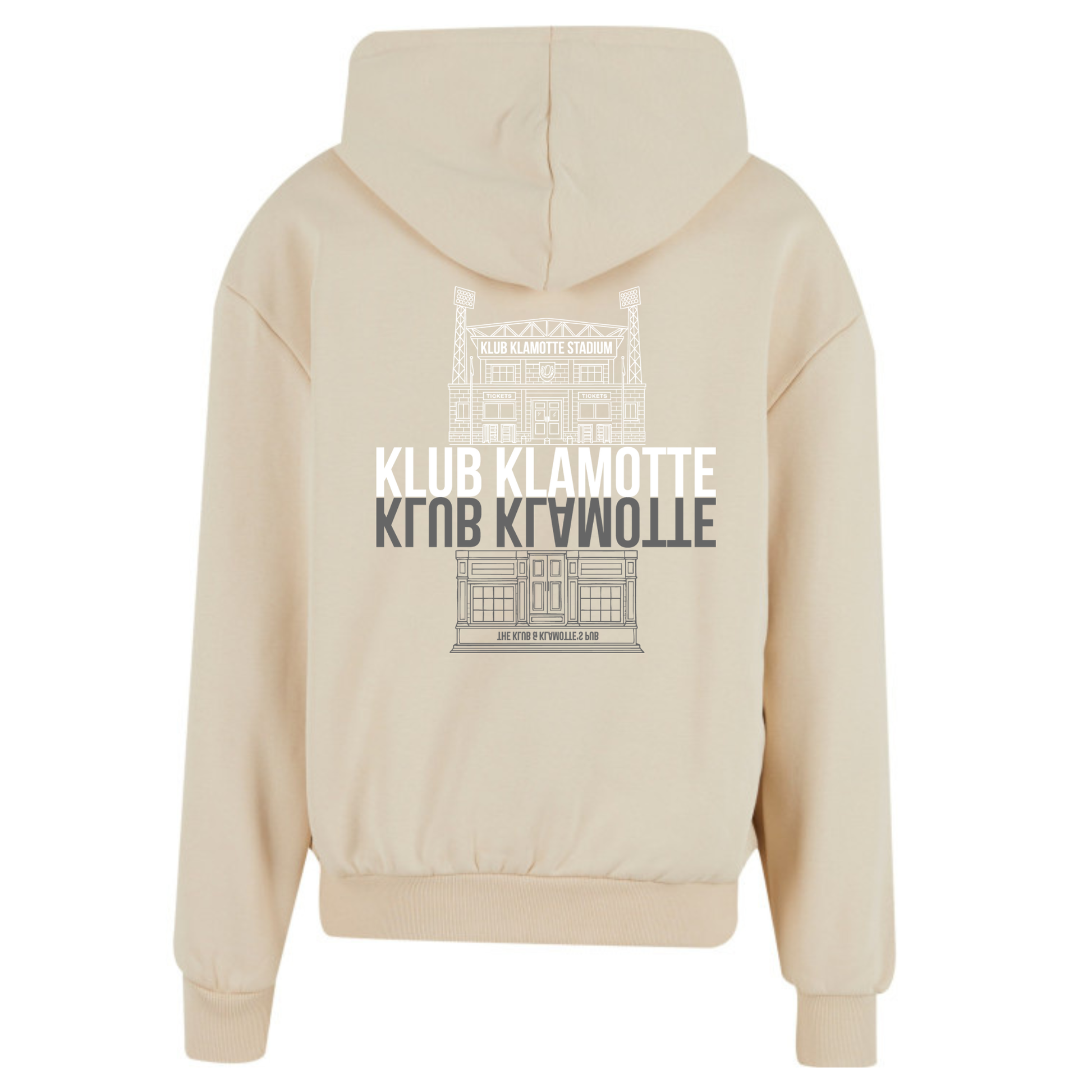 Mockup der Rückansicht des sandfarbenen Klub to Pub Hoodies