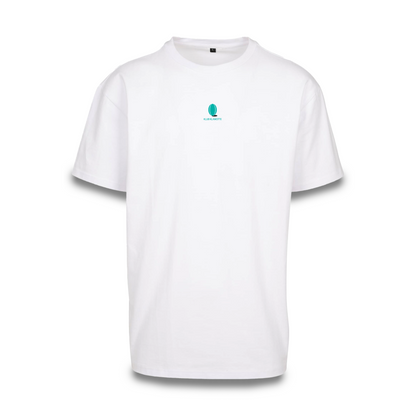 Mockup der Vorderansicht des weißen Klub Leo Tee mit türkisem Print