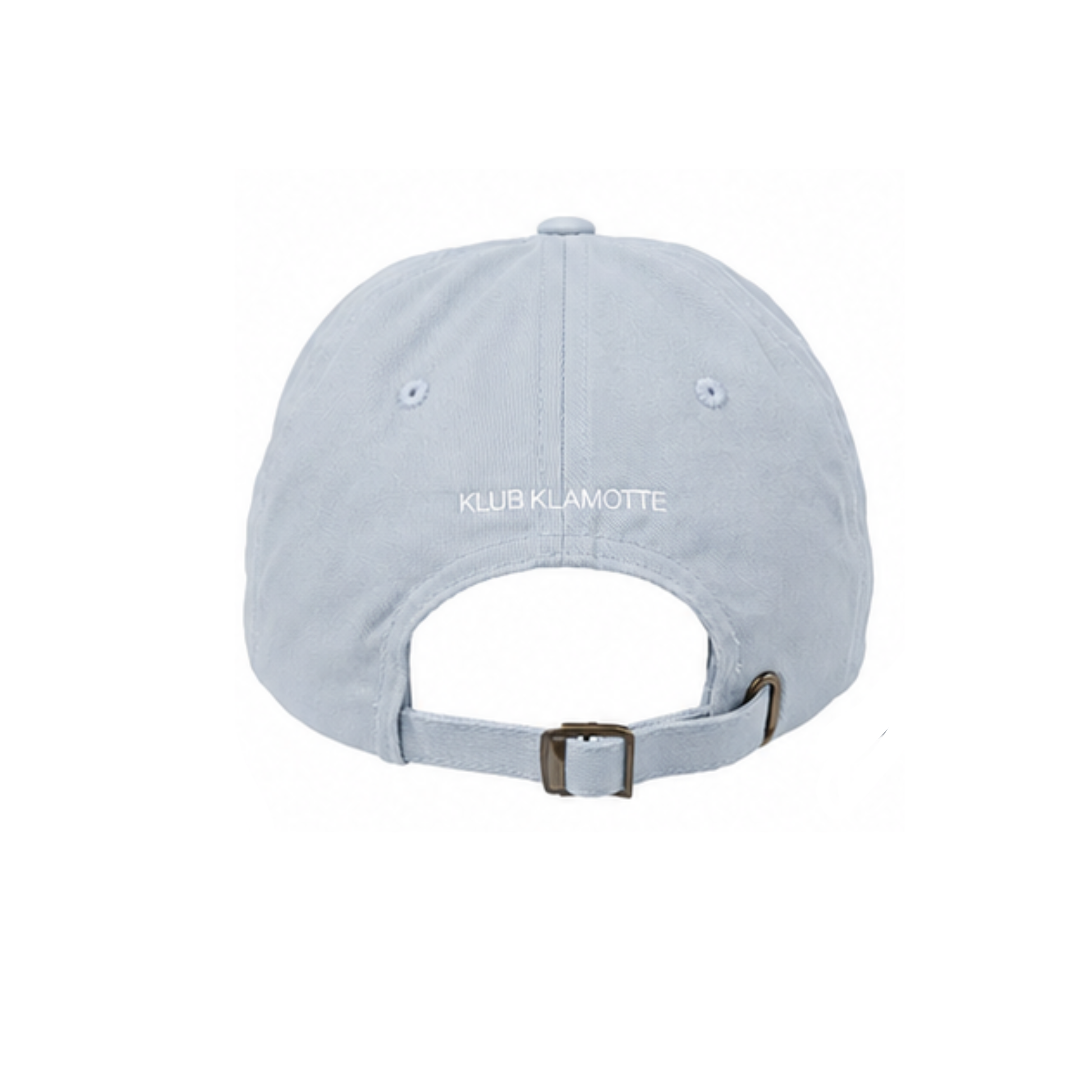 Mockup der Rückansicht der baby blau Saturday Rugby Klub Cap mit weißer „Klub Klamotte“-Stickerei und verstellbarem Metallverschluss.