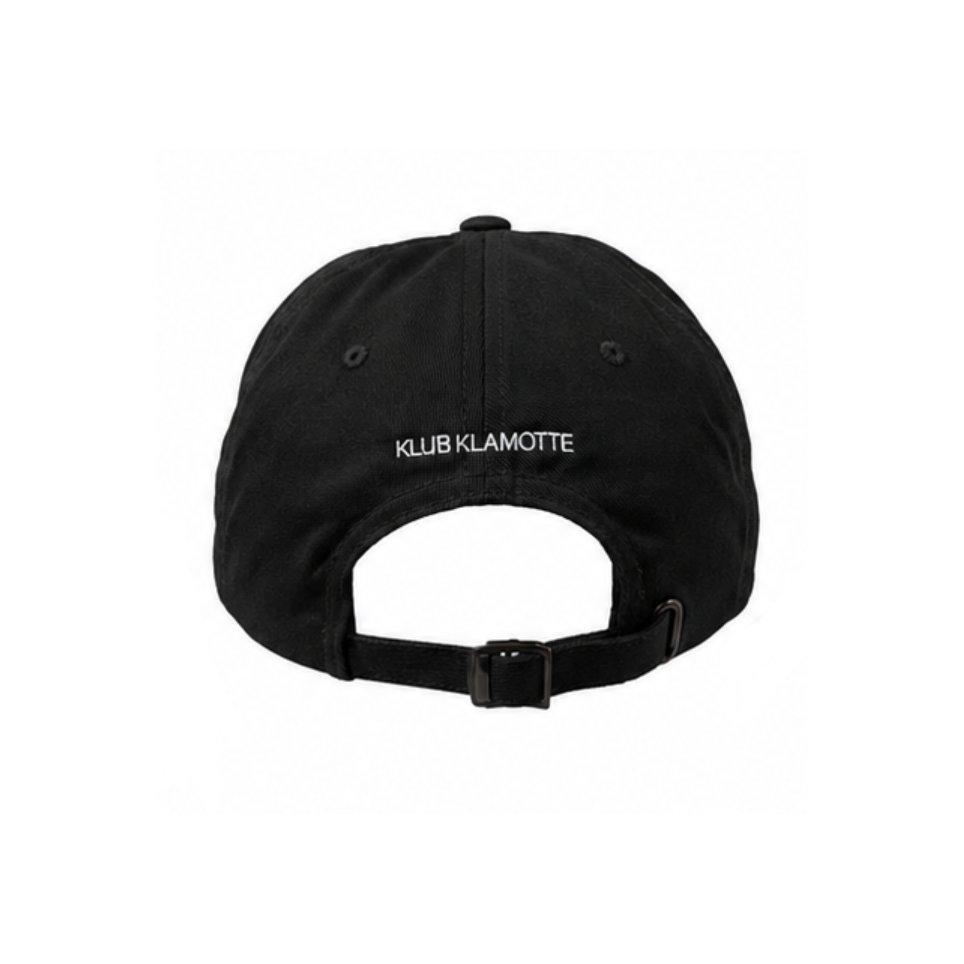 Mockup der Rückansicht der schwarz Saturday Rugby Klub Cap mit weißer „Klub Klamotte“-Stickerei und verstellbarem Metallverschluss