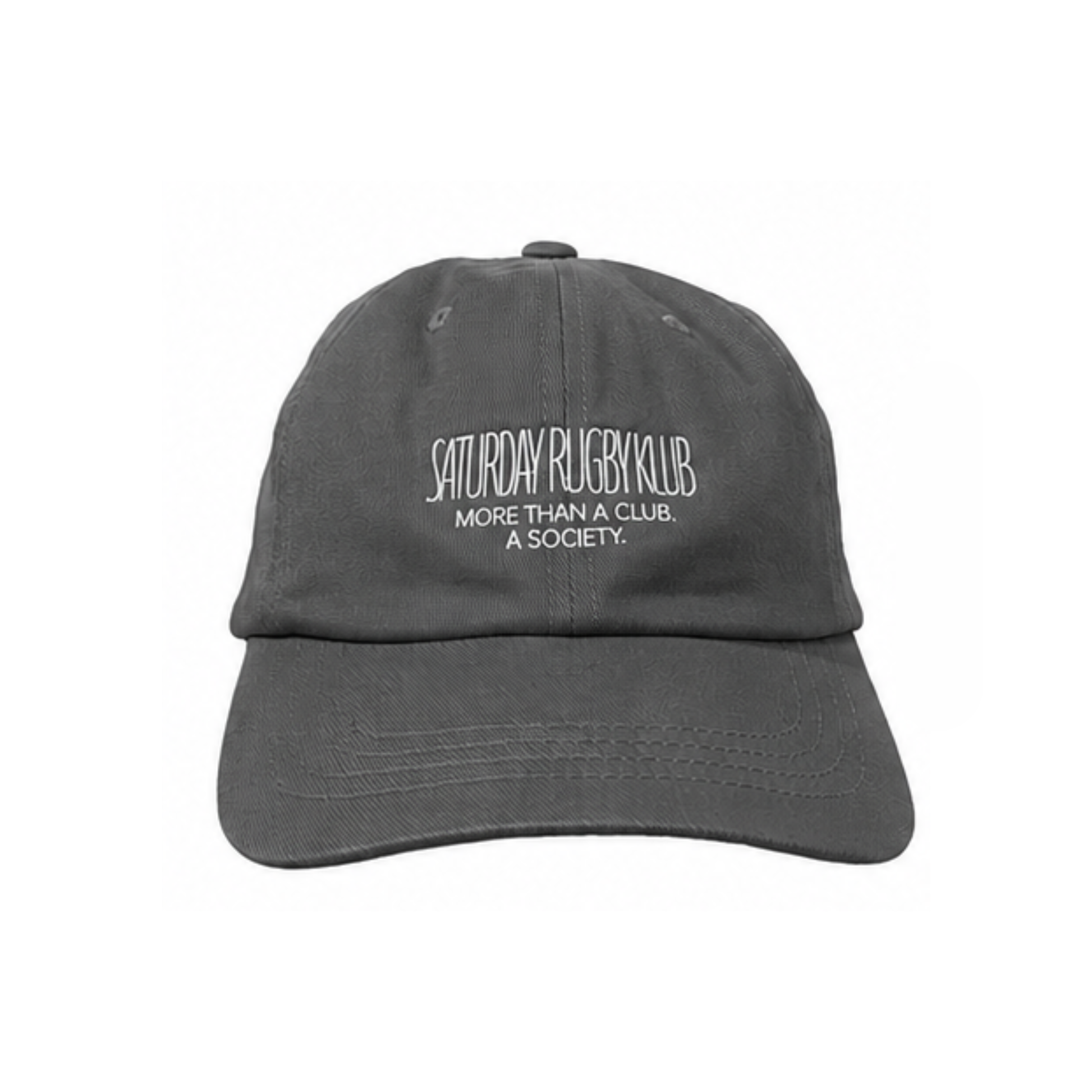 Mockup der Vorderansicht der gruen  Saturday Rugby Klub Cap mit weißer Stickerei auf der Vorderseite