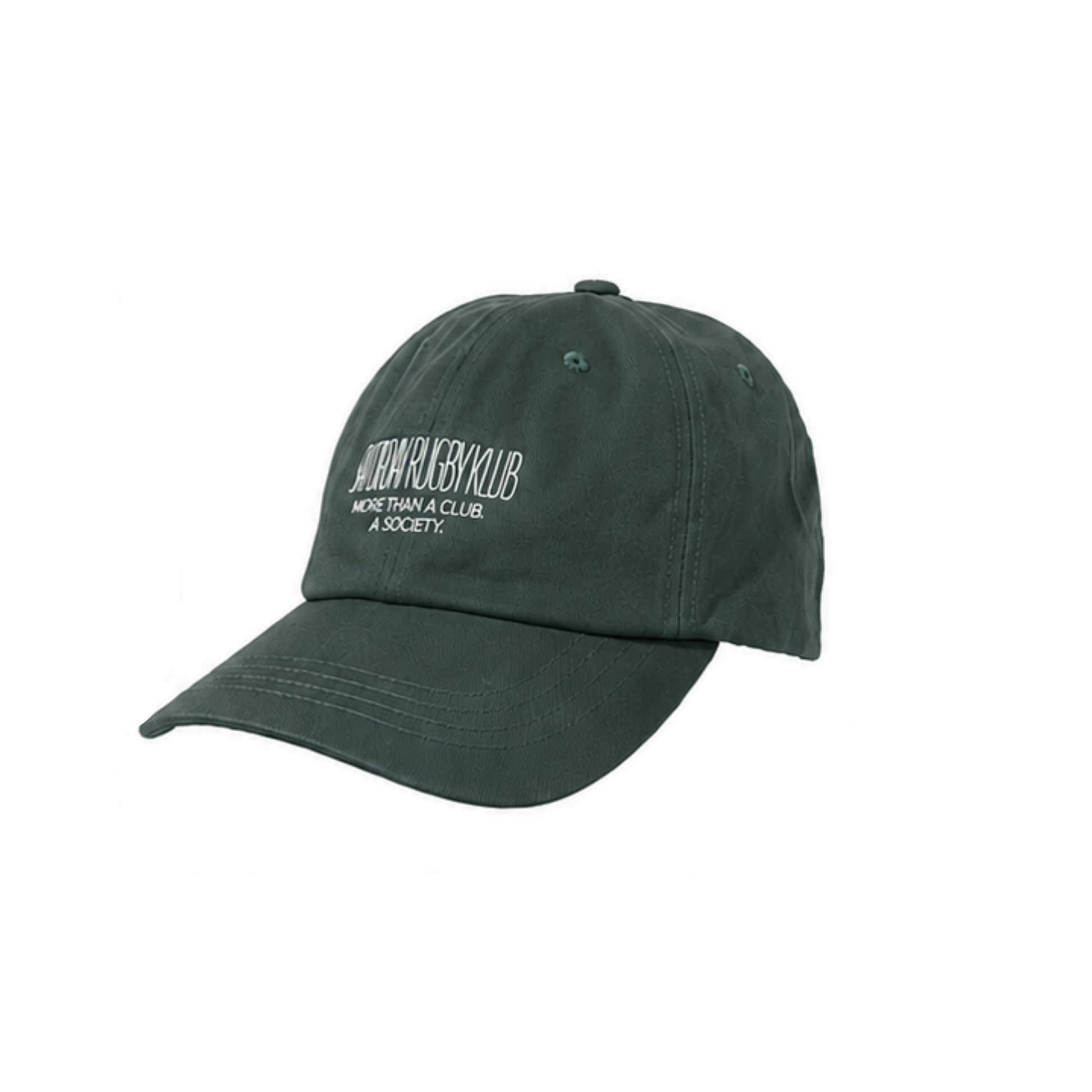 Mockup der Vorderansicht der gruen  Saturday Rugby Klub Cap mit weißer Stickerei auf der Vorderseite