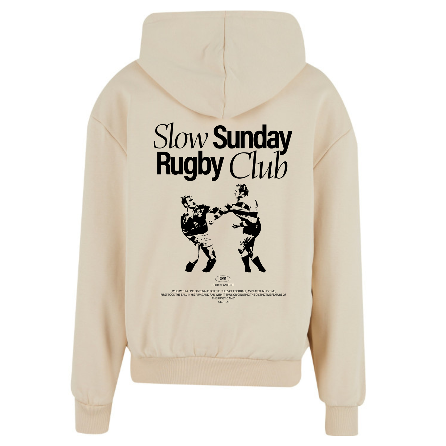 Mockup der Rückansicht des sandfarbenen Slow Sunday Rugby Club Hoodies