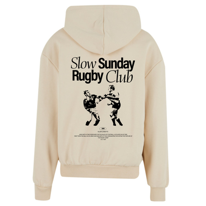 Mockup der Rückansicht des sandfarbenen Slow Sunday Rugby Club Hoodies