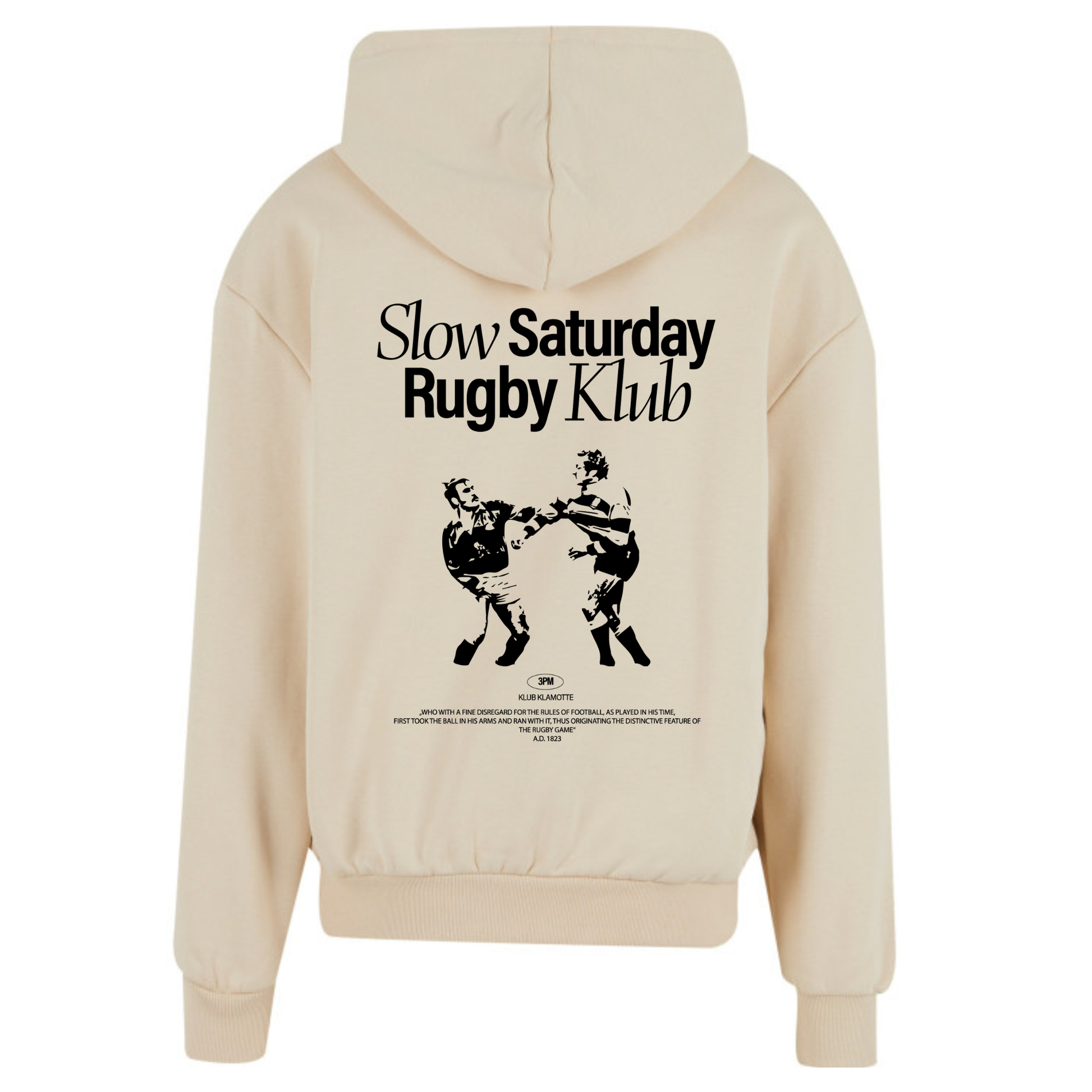 Mockup der Rückansicht des sandfarbenen Slow Sunday Rugby Klub Hoodies