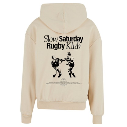 Mockup der Rückansicht des sandfarbenen Slow Sunday Rugby Klub Hoodies