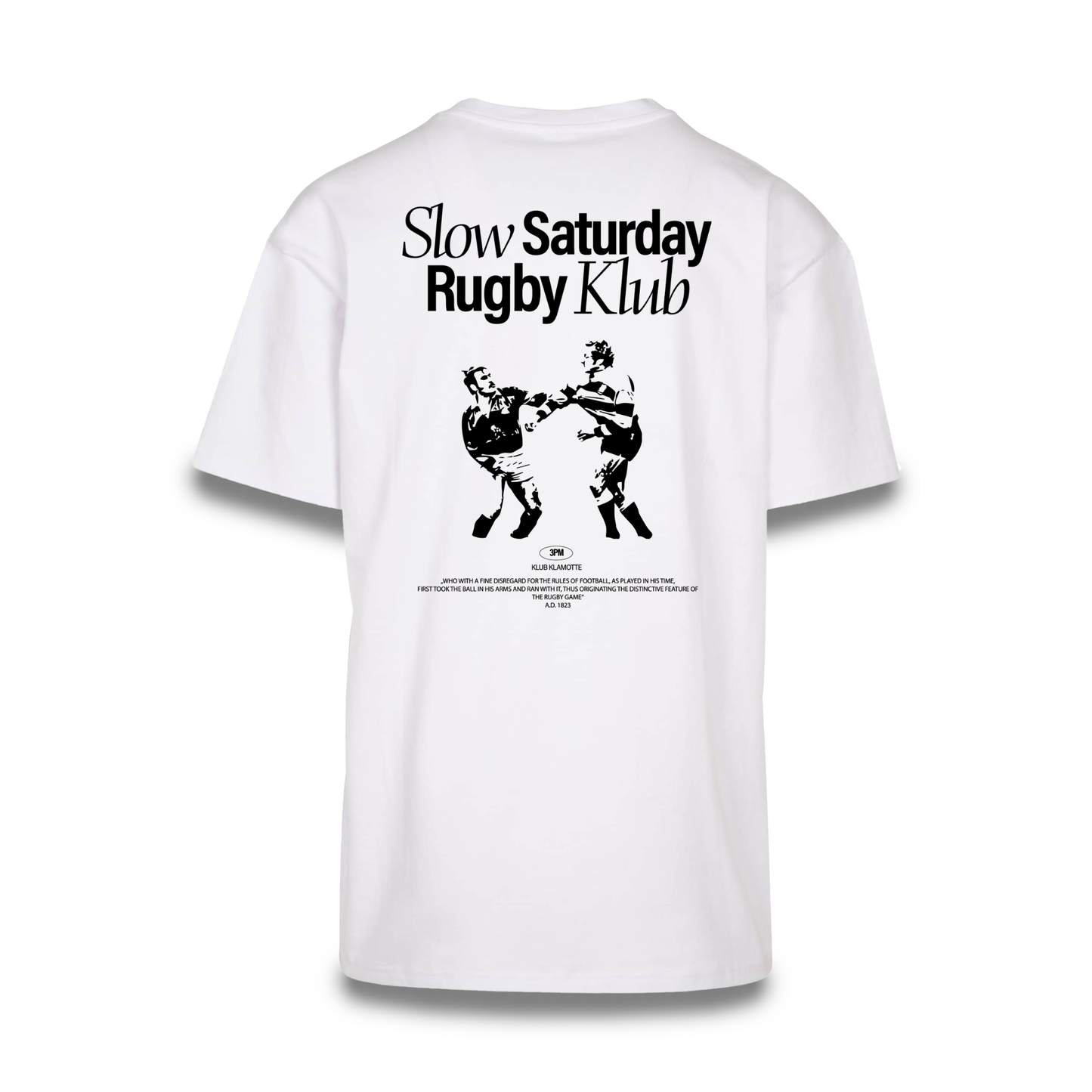 Mockup der Rückenansicht des weißen Slow Saturday Rugby Klub Tee