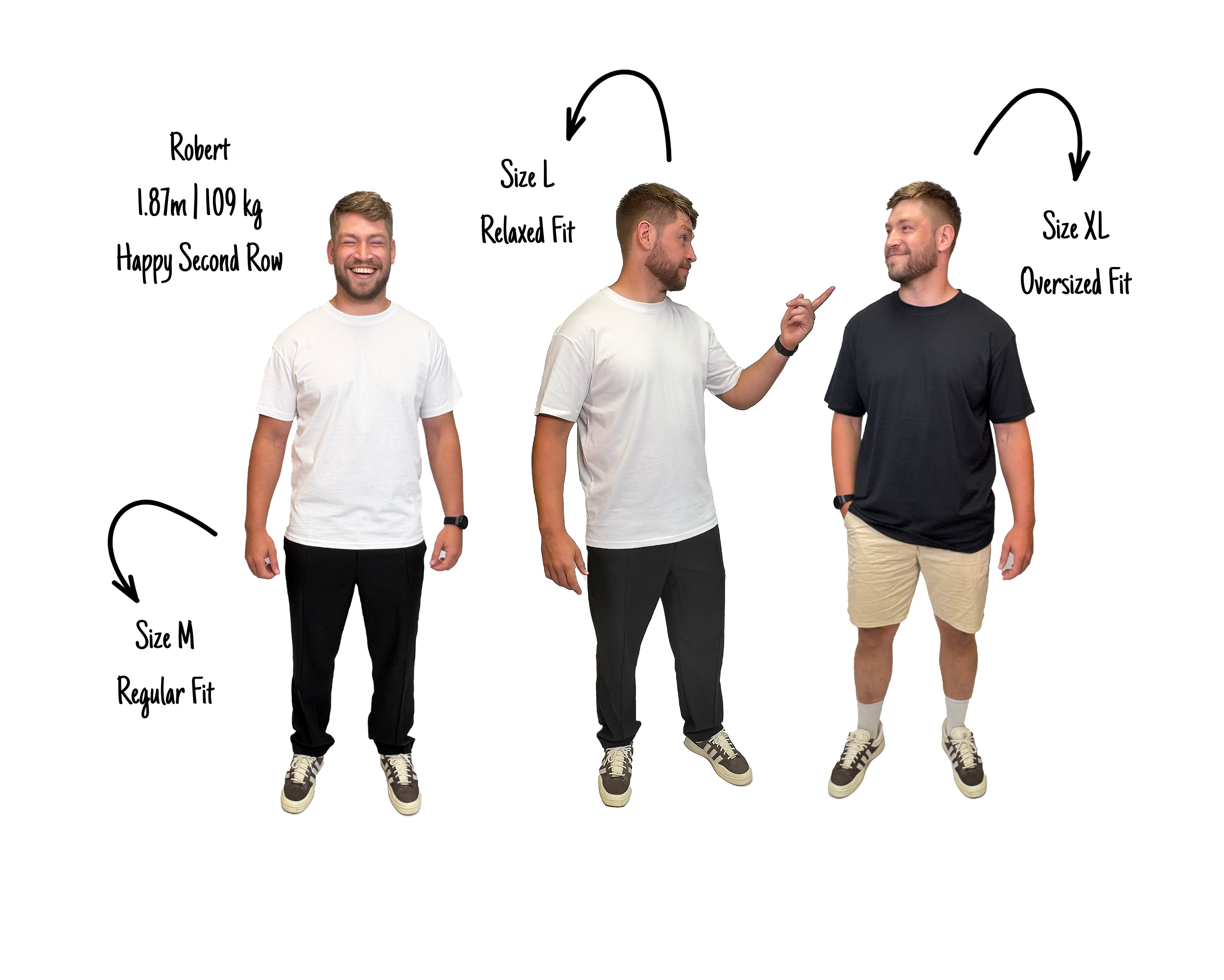 3 Bilder von dem männlichen Model Robert (1,87m, 109kg) in jeweils einer anderen Größe des Shirts, um den Fit zu demonstrieren: M ist Regular Fit, L ist Relaxed Fit und XL ist Oversized Fit