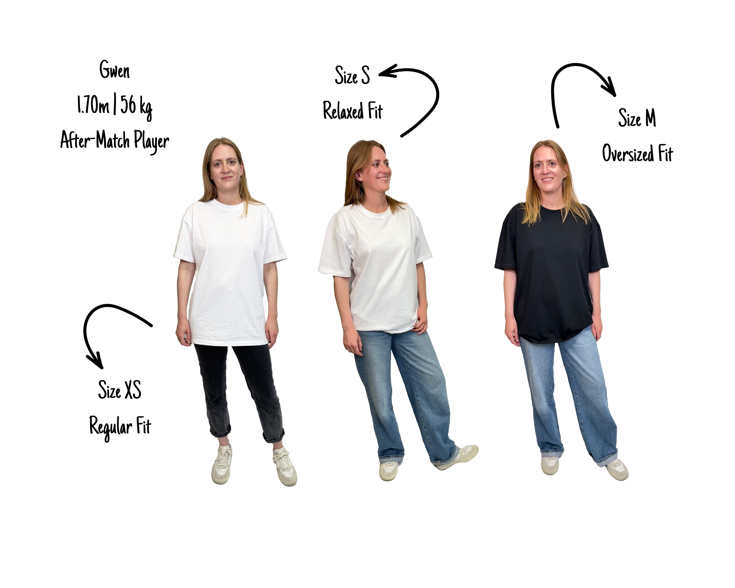 3 Bilder von dem weiblichen Model Gwen (1,70m, 56kg) in jeweils einer anderen Größe des Shirts, um den Fit zu demonstrieren: XS ist Regular Fit, S ist Relaxed Fit und M ist Oversized Fit