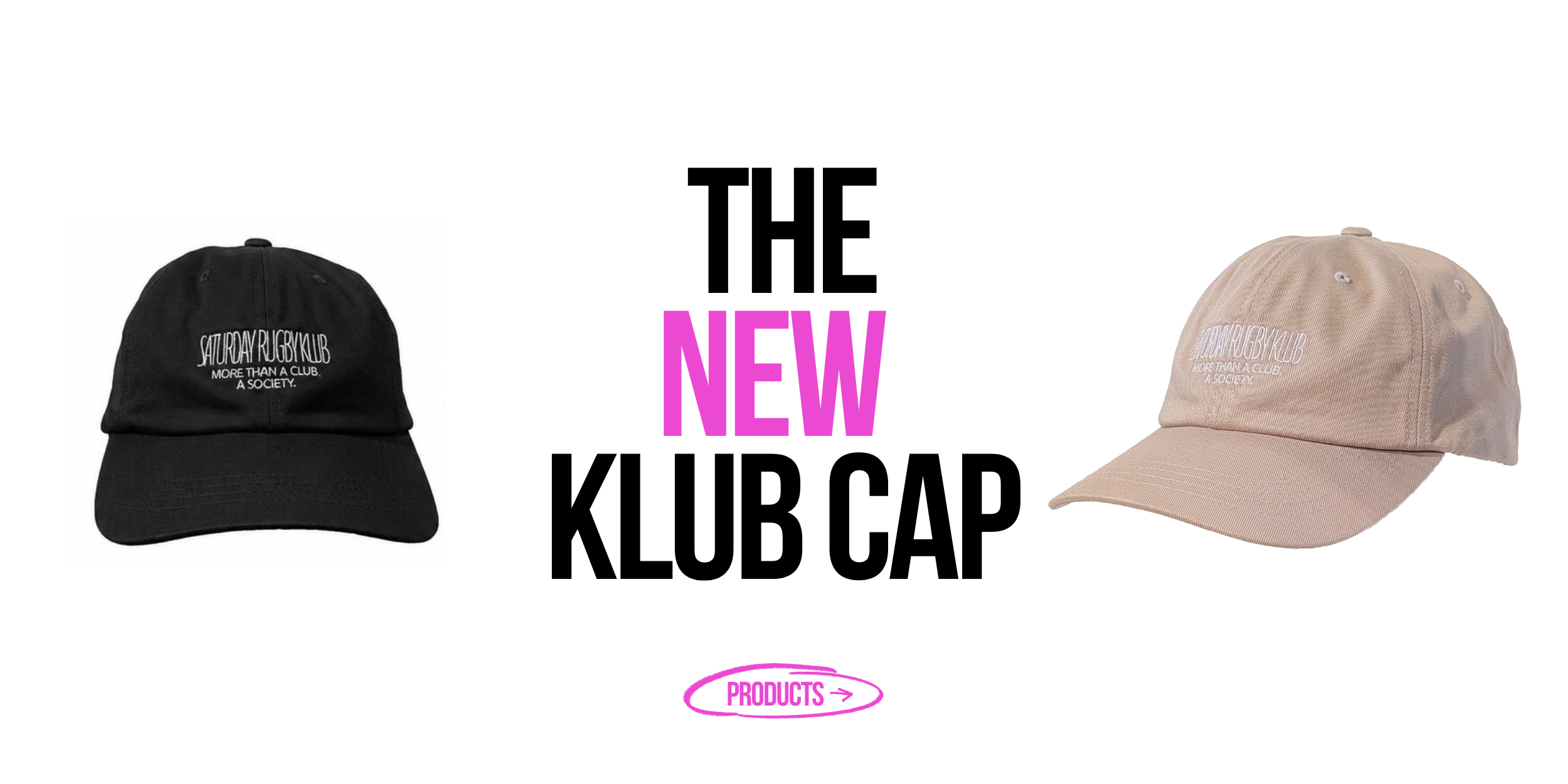 The Klub Klamotte Header mit zwei Models und Produkten von Klub Klamotte. Einem Call to Action "Products".