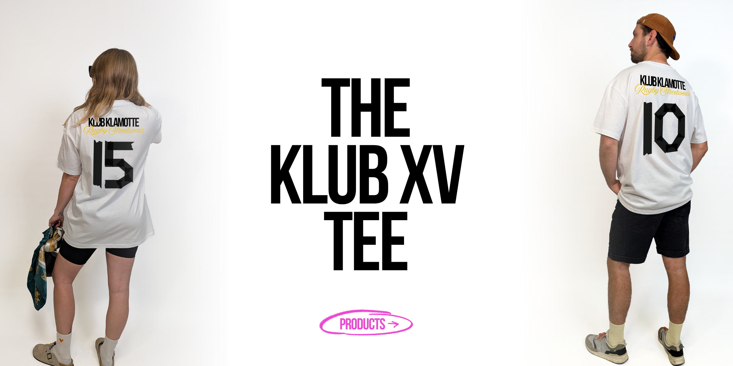 The Klub Klamotte Header mit zwei Models und Produkten von Klub Klamotte. Einem Call to Action "Products".
